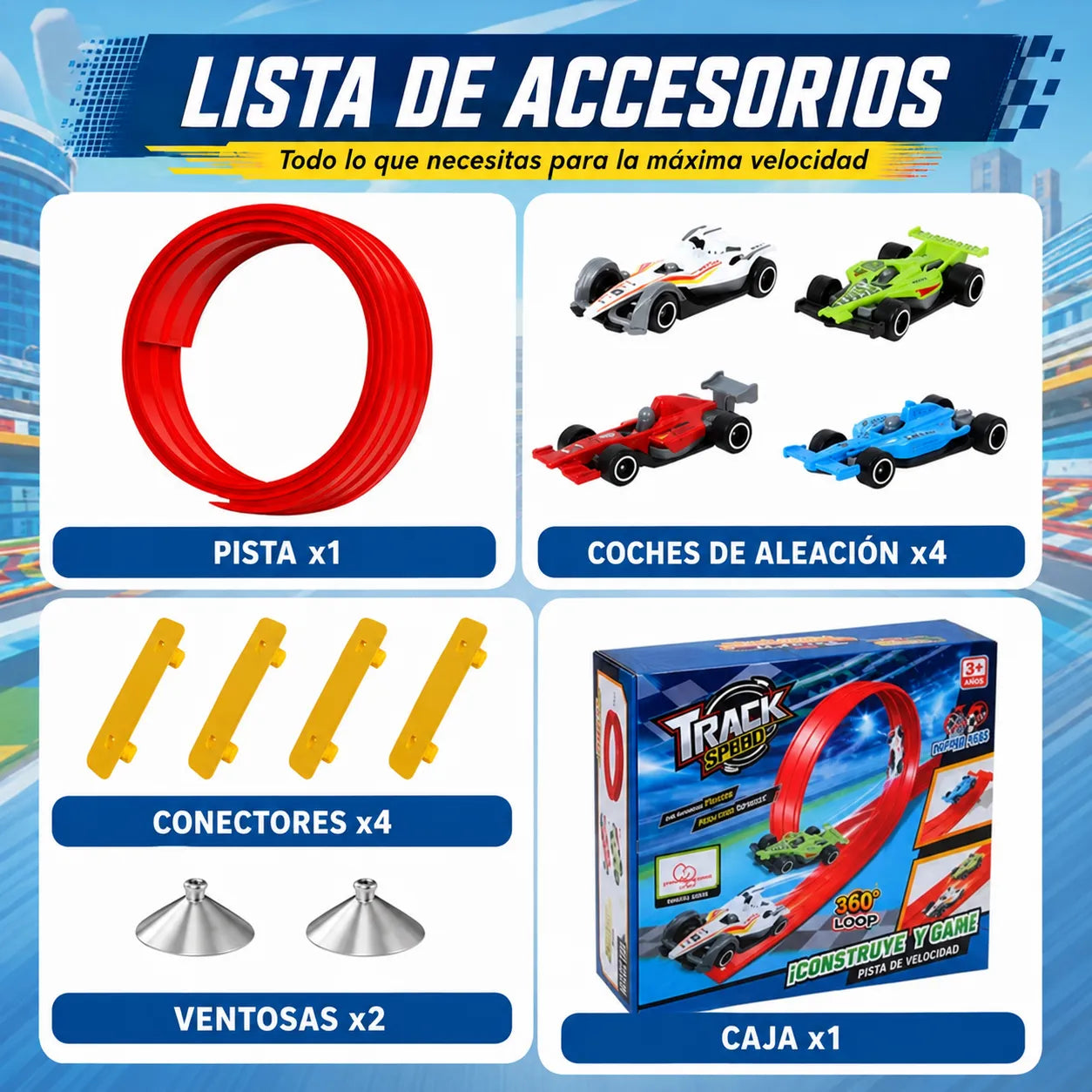 MagicTrack™ Pista de Carreras Flexible INCLUYE 4 MINI CARROS UPSELL